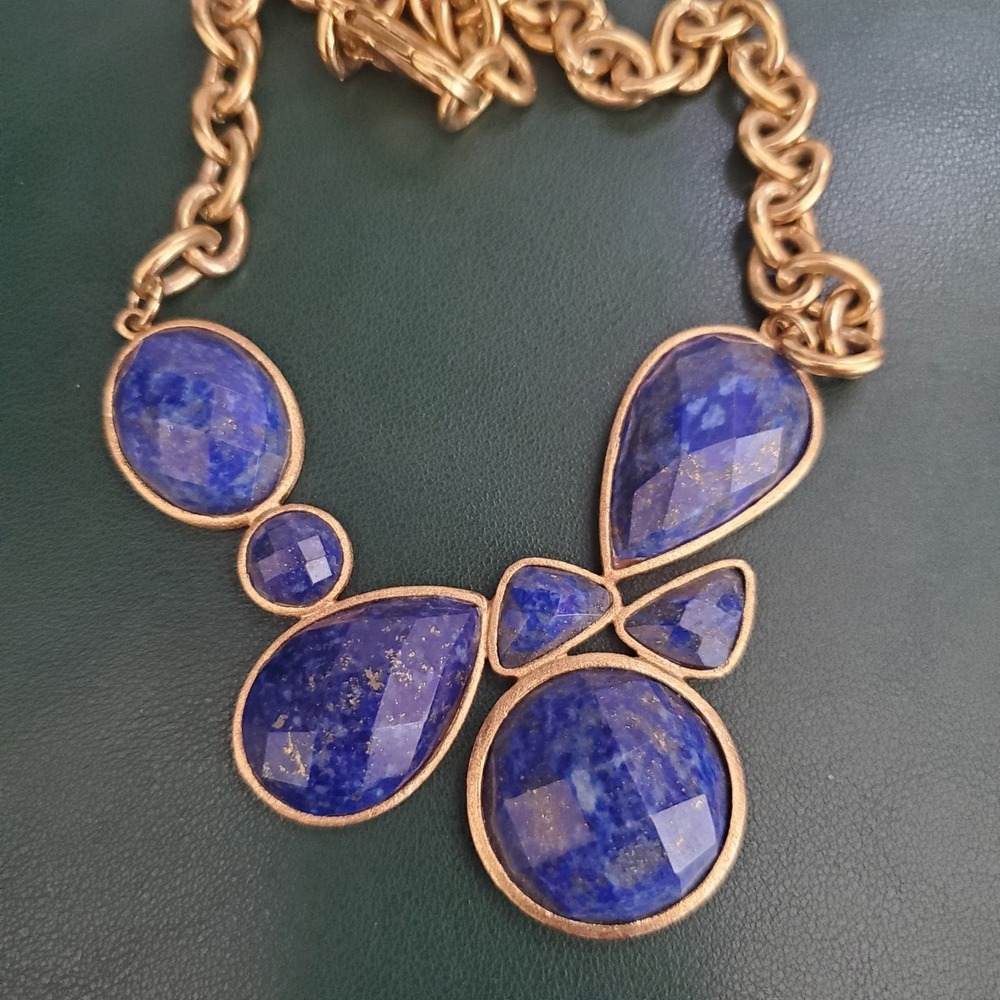 Rivka Friedman Lapis‎ Blue Faceted Stone Statement Bib Necklace Gold Tone